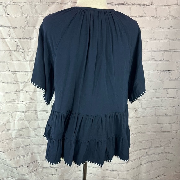 loft navy white 3/4 sleeve blouse key hole neck contrast stitching sz medium - Picture 3 of 8